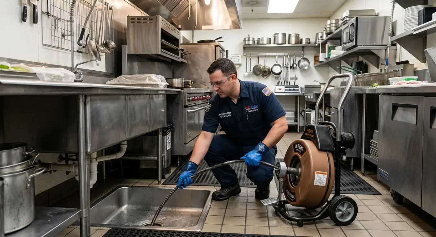 Commercial drain cleaning service in a restaurant kitchen in Woodburn