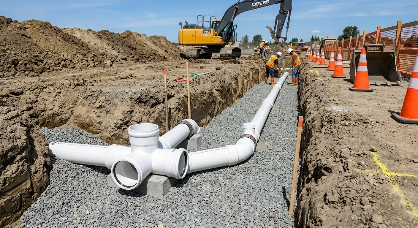 New PVC sewer pipe installation in open trench for Sewer Backup in Woodburn